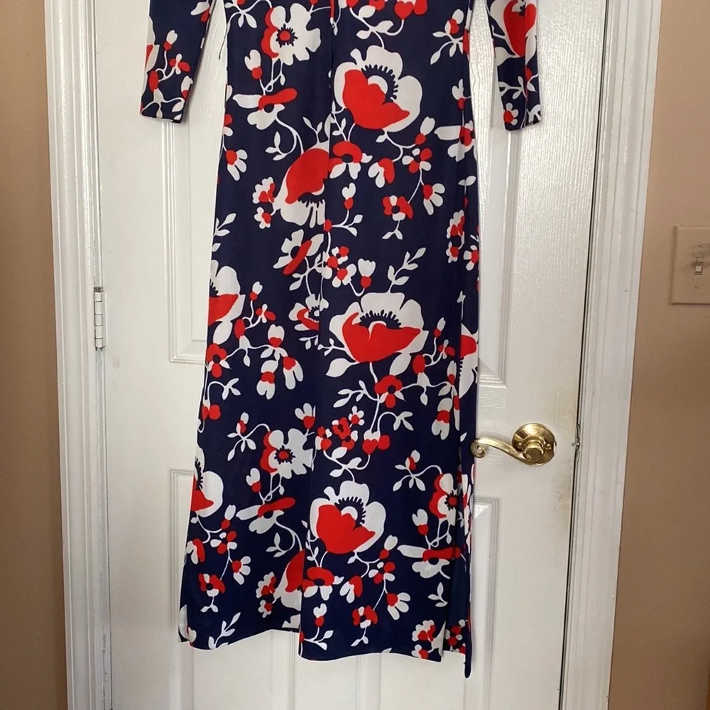 VTG 60’s Red White Navy Blue Floral Print Hawaiian Maxi Dress - Picture 6 of 16